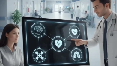 modern bir hastane koridorunda poliklinik tabelaları, doktor odaları ve sağlık taraması yapan profesyonel tıbbi ekipmanlar.