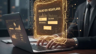 modern bir ofis masasında fatura, hesap makinesi ve tablet üzerinde dijital kdv hesaplama tablosu.
