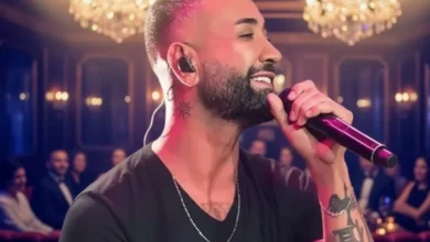 tan taşçı şık bir konser salonunda şarkı söylerken