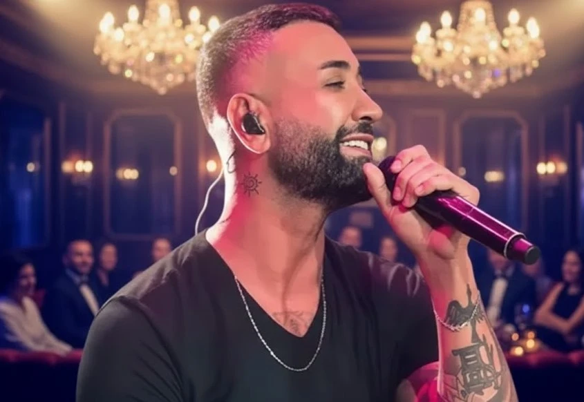tan taşçı şık bir konser salonunda şarkı söylerken