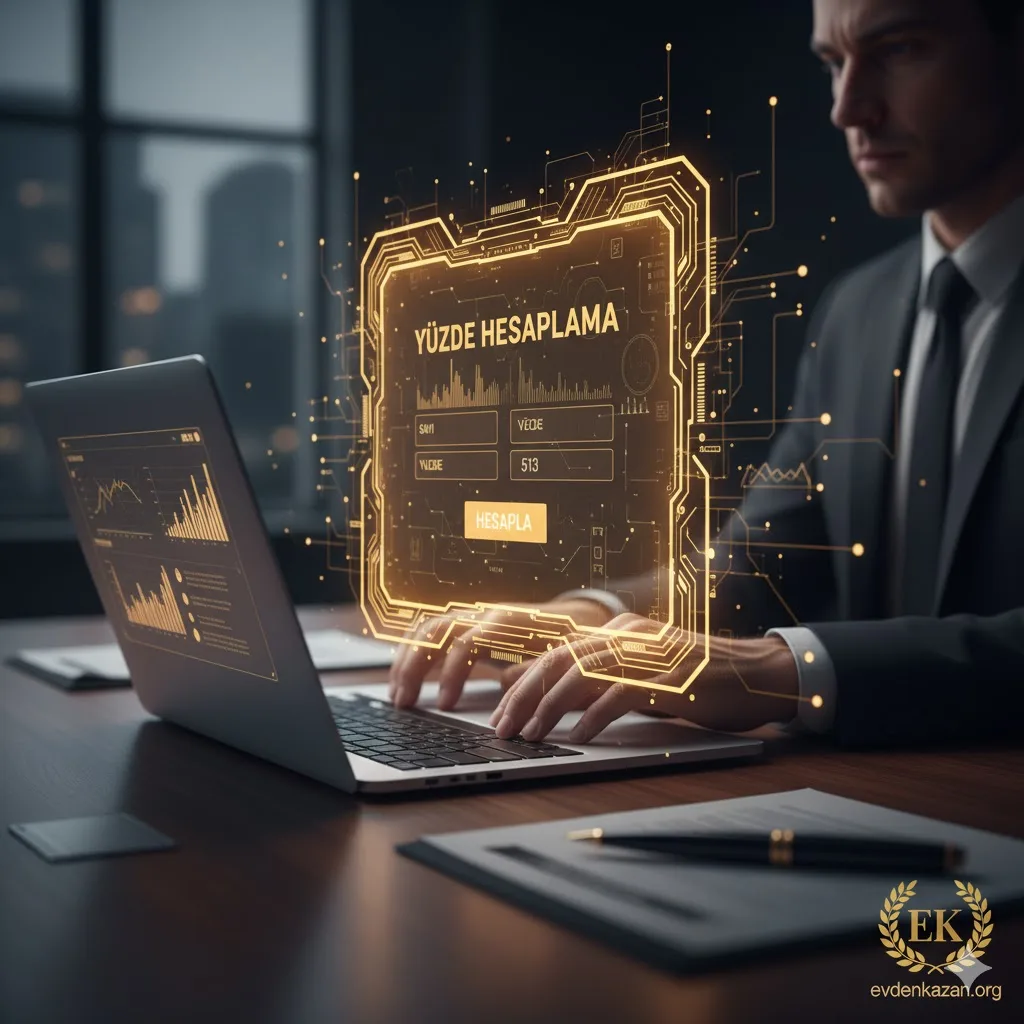 modern bir ofis ortamında laptop ekranında yüzde hesaplama grafikleri, hesap makinesi ve şık bir kalem.